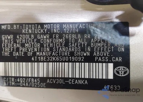 2005 Toyota Camry Le из США, поврежденный, VIN 4T1BE32K65U019092